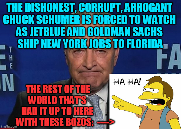 Karma sometimes has to pick up where accountability is subverted | THE DISHONEST, CORRUPT, ARROGANT 
CHUCK SCHUMER IS FORCED TO WATCH 
AS JETBLUE AND GOLDMAN SACHS 
SHIP NEW YORK JOBS TO FLORIDA; THE REST OF THE WORLD THAT'S 
HAD IT UP TO HERE 
        WITH THESE BOZOS:  ----> | image tagged in democrats,new york,charles schumer,aoc,economy | made w/ Imgflip meme maker