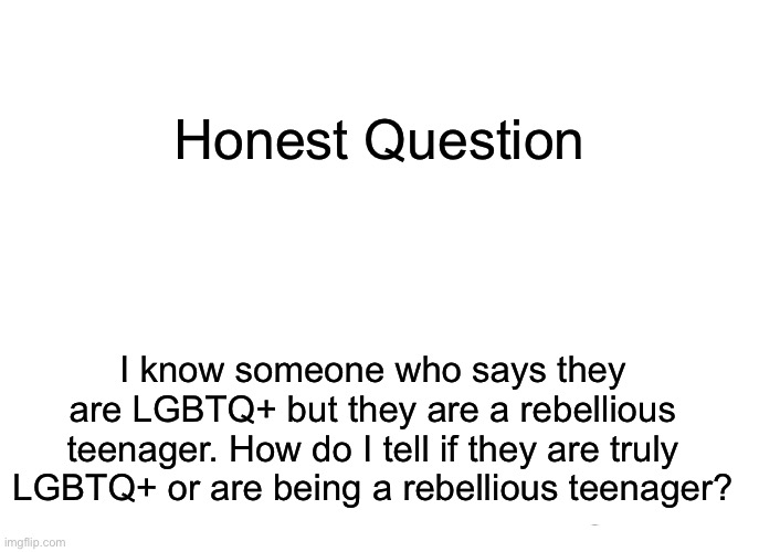 Honest question | Honest Question; I know someone who says they are LGBTQ+ but they are a rebellious teenager. How do I tell if they are truly LGBTQ+ or are being a rebellious teenager? | image tagged in memes,tuxedo winnie the pooh | made w/ Imgflip meme maker