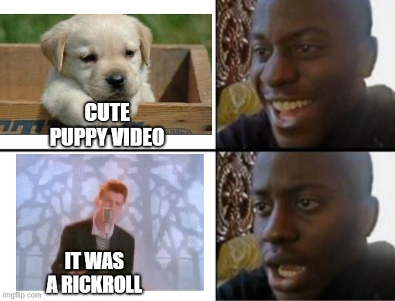 RICKROLL GRRRRR | CUTE PUPPY VIDEO; IT WAS A RICKROLL | image tagged in oh yeah oh no | made w/ Imgflip meme maker