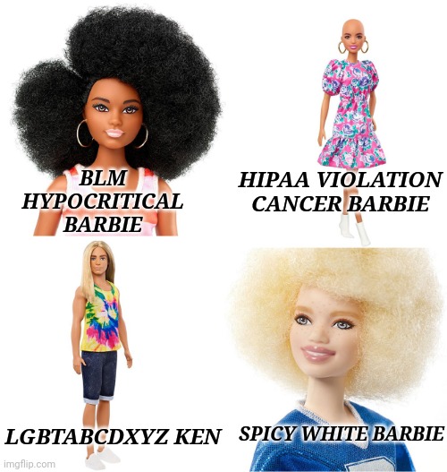 Diversity Barbie | HIPAA VIOLATION CANCER BARBIE; BLM
HYPOCRITICAL
BARBIE; SPICY WHITE BARBIE; LGBTABCDXYZ KEN | image tagged in diversity barbie,funny memes,memes,blm,cancer,lgbtq | made w/ Imgflip meme maker