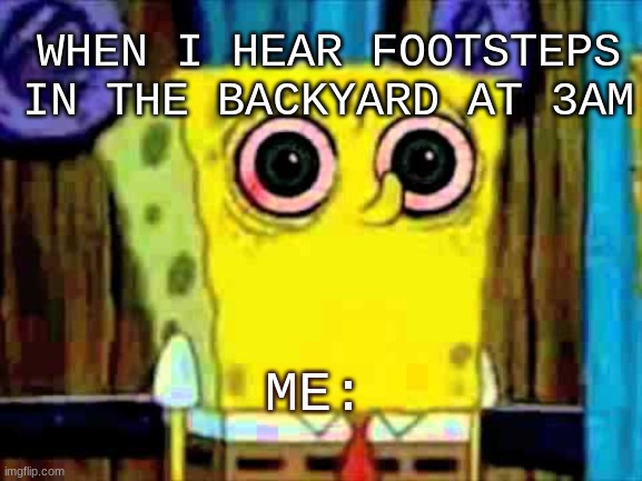 My backyard at 3 am | WHEN I HEAR FOOTSTEPS IN THE BACKYARD AT 3AM; ME: | image tagged in spongebob squarepants | made w/ Imgflip meme maker