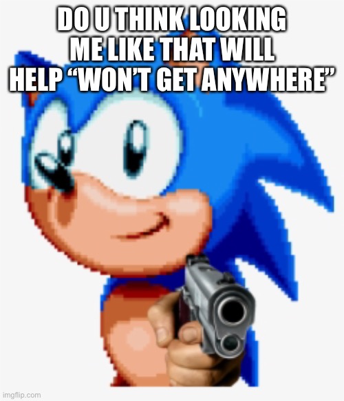 Sonic gun pointed | DO U THINK LOOKING ME LIKE THAT WILL HELP “WON’T GET ANYWHERE” | image tagged in sonic gun pointed | made w/ Imgflip meme maker