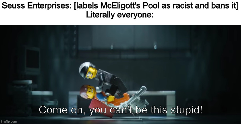 Seuss Enterprises: [labels McEligott's Pool as racist and bans it]
Literally everyone:; Come on, you can't be this stupid! | image tagged in dr seuss,lego,racism | made w/ Imgflip meme maker