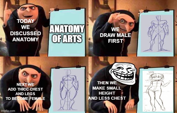 Anatomy of Art | TODAY WE DISCUSSED ANATOMY; WE DRAW MALE FIRST; ANATOMY OF ARTS; NEXT WE ADD THICC CHEST AND LEGS TO BECOME FEMALE; THEN WE MAKE SMALL HEIGHT AND LESS CHEST | image tagged in memes,gru's plan | made w/ Imgflip meme maker