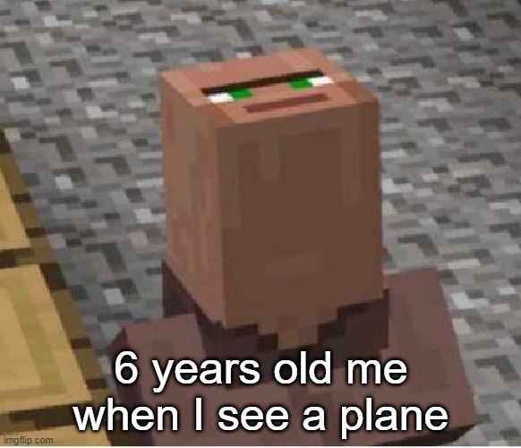 I was idiot when I was young..... | 6 years old me when I see a plane | image tagged in minecraft villager looking up | made w/ Imgflip meme maker