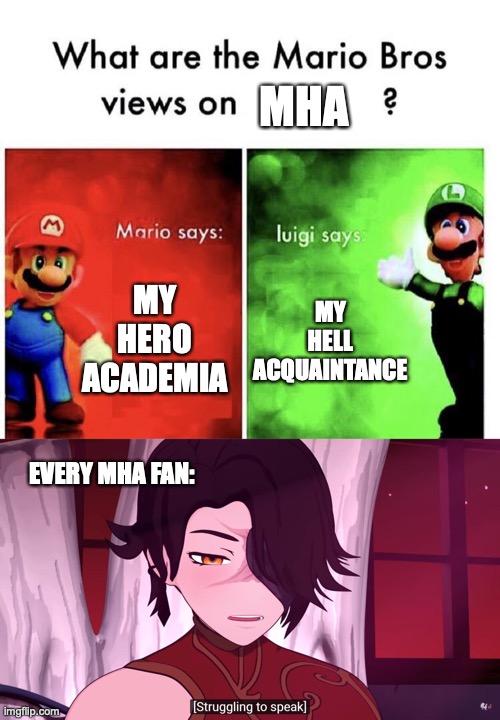 Ok I understand TPN, but, how does one mess MHA up?! | MHA; MY HERO ACADEMIA; MY HELL ACQUAINTANCE; EVERY MHA FAN: | image tagged in mario bros views,mha,oh god why,stop reading the tags,im making all these tags up,anime | made w/ Imgflip meme maker