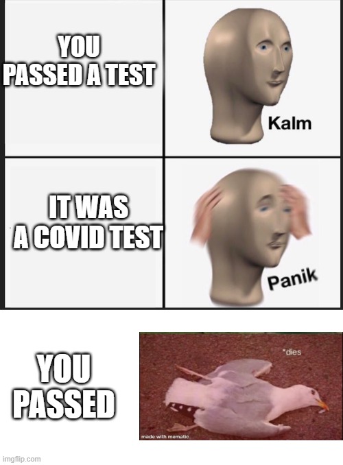 Test | YOU PASSED A TEST; IT WAS A COVID TEST; YOU PASSED | image tagged in panik kalm,die | made w/ Imgflip meme maker
