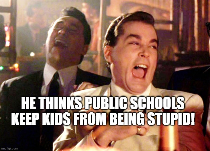 Good Fellas Hilarious Meme | HE THINKS PUBLIC SCHOOLS KEEP KIDS FROM BEING STUPID! | image tagged in memes,good fellas hilarious | made w/ Imgflip meme maker