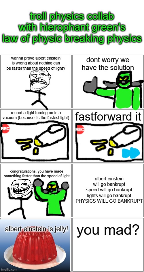 collab | troll physics collab with hierophant green's law of physic breaking physics; wanna prove albert einstein is wrong about nothing can be faster than the speed of light? dont worry we have the solution; record a light turning on in a vacuum (because its the fastest light); fastforward it; REC; albert einstein will go bankrupt
speed will go bankrupt
lights will go bankrupt
PHYSICS WILL GO BANKRUPT; congratulations, you have made something faster than the speed of light; you mad? albert einstein is jelly! | image tagged in memes,troll face,troll physics,troll science,collab,hierophant green's breaking law of physic laws | made w/ Imgflip meme maker