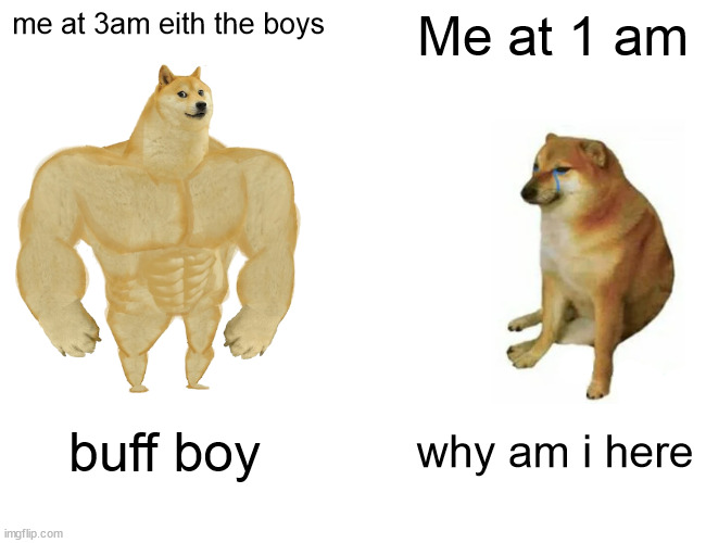 Buff Doge vs. Cheems | me at 3am eith the boys; Me at 1 am; buff boy; why am i here | image tagged in memes,buff doge vs cheems | made w/ Imgflip meme maker