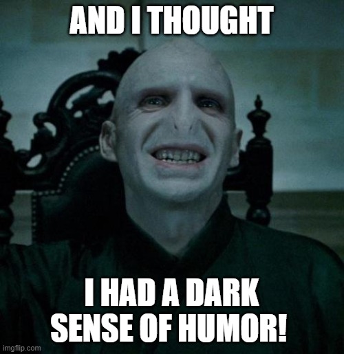 voldemort smiling | AND I THOUGHT I HAD A DARK SENSE OF HUMOR! | image tagged in voldemort smiling | made w/ Imgflip meme maker
