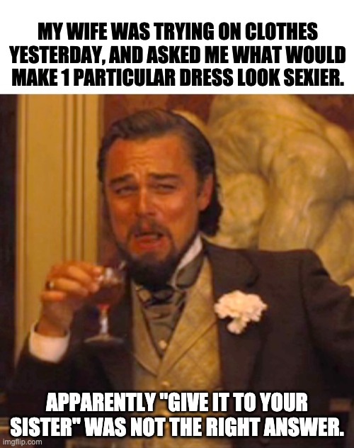 Dress | MY WIFE WAS TRYING ON CLOTHES YESTERDAY, AND ASKED ME WHAT WOULD MAKE 1 PARTICULAR DRESS LOOK SEXIER. APPARENTLY "GIVE IT TO YOUR SISTER" WAS NOT THE RIGHT ANSWER. | image tagged in leonardo dicaprio django laugh | made w/ Imgflip meme maker