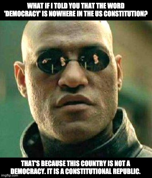 Constitutional Republic | WHAT IF I TOLD YOU THAT THE WORD 'DEMOCRACY' IS NOWHERE IN THE US CONSTITUTION? THAT'S BECAUSE THIS COUNTRY IS NOT A DEMOCRACY. IT IS A CONSTITUTIONAL REPUBLIC. | image tagged in what if i told you | made w/ Imgflip meme maker