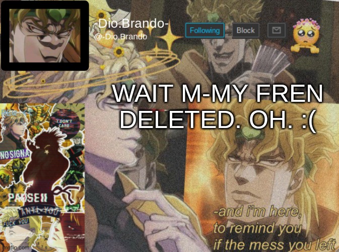 *sad noises* | WAIT M-MY FREN DELETED. OH. :( | image tagged in dio temp 2 | made w/ Imgflip meme maker