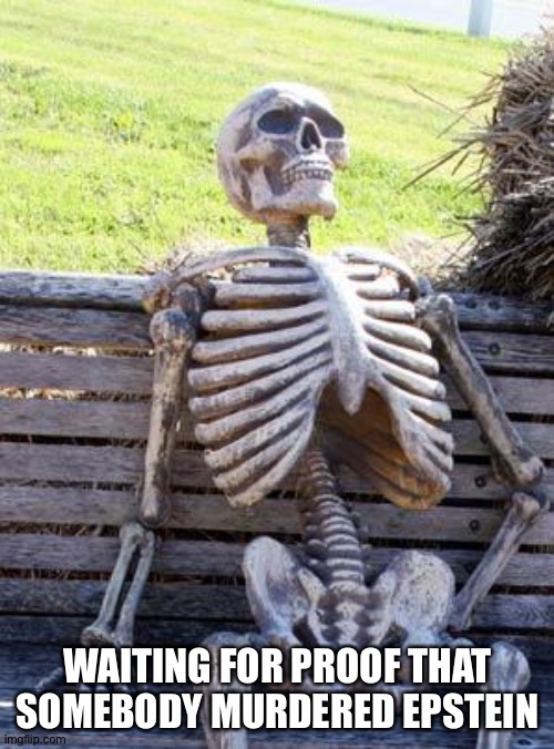 Waiting Skeleton Meme | WAITING FOR PROOF THAT SOMEBODY MURDERED EPSTEIN | image tagged in memes,waiting skeleton | made w/ Imgflip meme maker