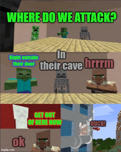 Minecraft boardroom meeting |  WHERE DO WE ATTACK? In their cave; hrrrm; Right outside their door; GET OUT OF HERE NOW; OUCH! ok | image tagged in minecraft boardroom meeting,ouch,minecraft rocks,boom,minecraft villagers | made w/ Imgflip meme maker