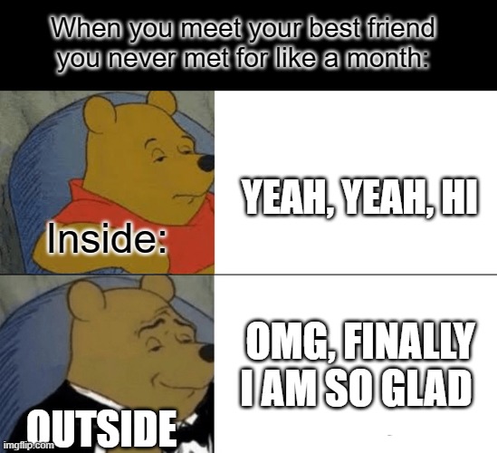 Just happens | When you meet your best friend you never met for like a month:; YEAH, YEAH, HI; Inside:; OMG, FINALLY I AM SO GLAD; OUTSIDE | image tagged in memes,tuxedo winnie the pooh | made w/ Imgflip meme maker