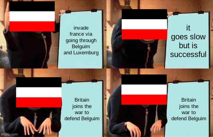 why Britain joined World War 1 | invade france via going through Belguim and Luxemburg; it goes slow but is successful; Britain joins the war to defend Belguim; Britain joins the war to defend Belguim | image tagged in memes,gru's plan | made w/ Imgflip meme maker