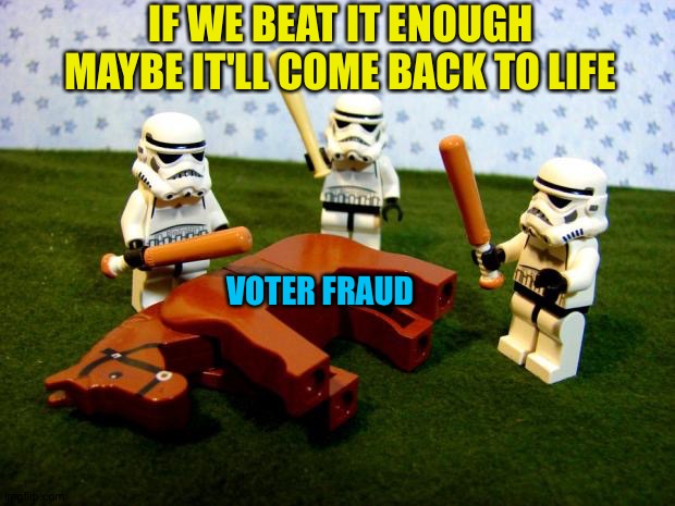 TrumpTard Stormtroopers | IF WE BEAT IT ENOUGH MAYBE IT'LL COME BACK TO LIFE; VOTER FRAUD | image tagged in beating a dead horse | made w/ Imgflip meme maker