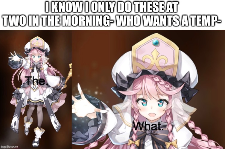 This could go wrong. | I KNOW I ONLY DO THESE AT TWO IN THE MORNING- WHO WANTS A TEMP- | image tagged in the what angelica | made w/ Imgflip meme maker