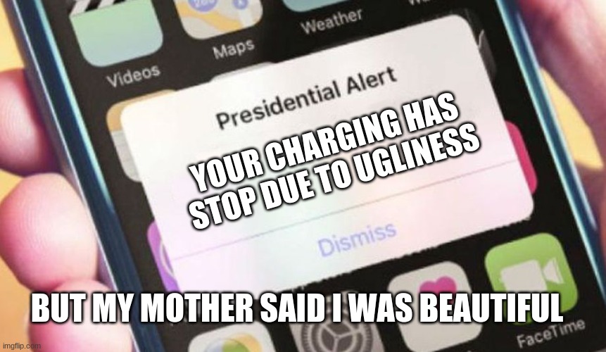 Presidential Alert Meme |  YOUR CHARGING HAS STOP DUE TO UGLINESS; BUT MY MOTHER SAID I WAS BEAUTIFUL | image tagged in memes,presidential alert | made w/ Imgflip meme maker