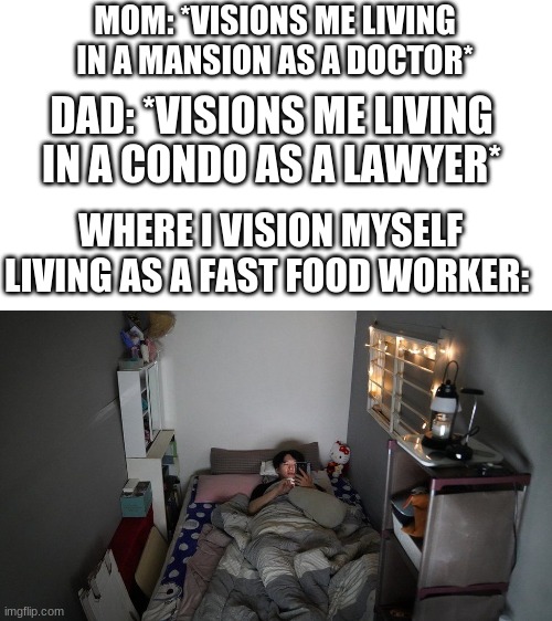 e |  MOM: *VISIONS ME LIVING IN A MANSION AS A DOCTOR*; DAD: *VISIONS ME LIVING IN A CONDO AS A LAWYER*; WHERE I VISION MYSELF LIVING AS A FAST FOOD WORKER: | image tagged in small | made w/ Imgflip meme maker