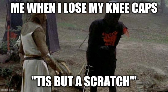 Tis but a scratch | ME WHEN I LOSE MY KNEE CAPS; "TIS BUT A SCRATCH'" | image tagged in tis but a scratch | made w/ Imgflip meme maker