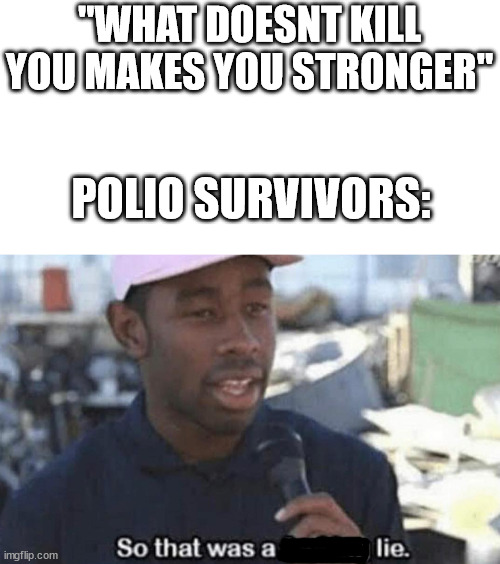 polio | "WHAT DOESNT KILL YOU MAKES YOU STRONGER"; POLIO SURVIVORS: | image tagged in so that was a lie,memes | made w/ Imgflip meme maker