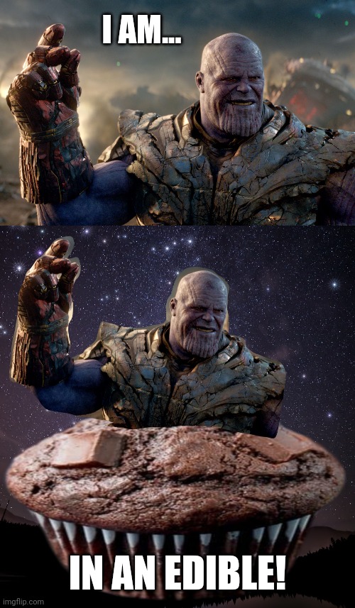 Infinity Stoned | I AM... IN AN EDIBLE! | image tagged in thanos,edible,thanos infinity stones,the avengers,stoned | made w/ Imgflip meme maker