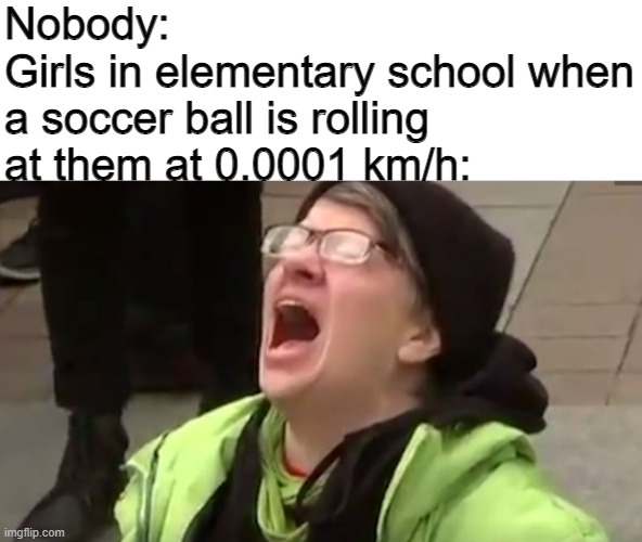 I will never understand this | Nobody:
Girls in elementary school when a soccer ball is rolling at them at 0.0001 km/h: | image tagged in screaming liberal | made w/ Imgflip meme maker
