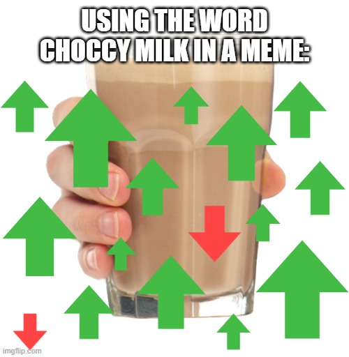 Choccy Milk = Upvotes | USING THE WORD CHOCCY MILK IN A MEME: | image tagged in choccy milk,upvotes,memes,imgflip,downvotes,popular | made w/ Imgflip meme maker