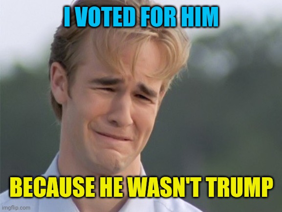 crying guy | I VOTED FOR HIM BECAUSE HE WASN'T TRUMP | image tagged in crying guy | made w/ Imgflip meme maker