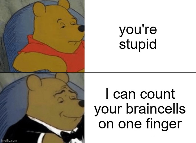 Tuxedo Winnie The Pooh Meme | you're stupid; I can count your braincells on one finger | image tagged in memes,tuxedo winnie the pooh,i'm 15 so don't try it,who reads these | made w/ Imgflip meme maker