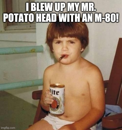 Kid with beer | I BLEW UP MY MR. POTATO HEAD WITH AN M-80! | image tagged in kid with beer | made w/ Imgflip meme maker