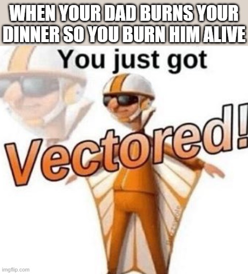 You just got vectored | WHEN YOUR DAD BURNS YOUR DINNER SO YOU BURN HIM ALIVE | image tagged in you just got vectored,i'm 15 so don't try it,who reads these | made w/ Imgflip meme maker
