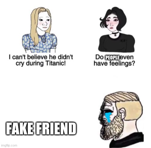 guys watch for fake friends they will act that there you wasn't there best friend...... | PEOPLE; FAKE FRIEND | image tagged in he didn't cry during titanic,fake friends | made w/ Imgflip meme maker