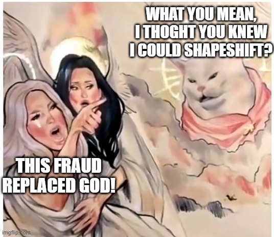 GOD CAN SHAPESHIFT | WHAT YOU MEAN, I THOGHT YOU KNEW I COULD SHAPESHIFT? THIS FRAUD REPLACED GOD! | image tagged in confused cat | made w/ Imgflip meme maker