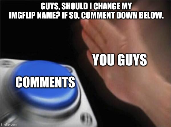 Pls no bad names | GUYS, SHOULD I CHANGE MY IMGFLIP NAME? IF SO, COMMENT DOWN BELOW. YOU GUYS; COMMENTS | image tagged in memes,blank nut button | made w/ Imgflip meme maker
