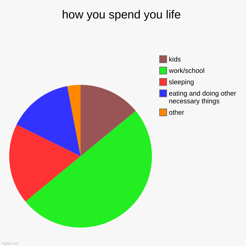 how you spend you life | other, eating and doing other necessary things, sleeping, work/school, kids | image tagged in charts,pie charts | made w/ Imgflip chart maker