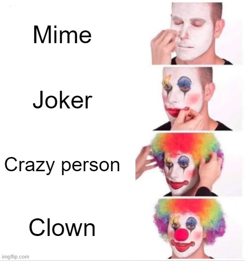 Clown Applying Makeup Meme | Mime; Joker; Crazy person; Clown | image tagged in memes,clown applying makeup | made w/ Imgflip meme maker