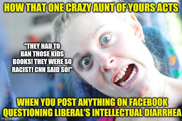 Liberals, just because you enjoy the smell of each other's farts, it does not change the fact they, like your ideology, stink! | HOW THAT ONE CRAZY AUNT OF YOURS ACTS; "THEY HAD TO BAN THOSE KIDS BOOKS! THEY WERE SO RACIST! CNN SAID SO!"; WHEN YOU POST ANYTHING ON FACEBOOK QUESTIONING LIBERAL'S INTELLECTUAL DIARRHEA | image tagged in crazy woman,democrats,liberal logic,censorship | made w/ Imgflip meme maker