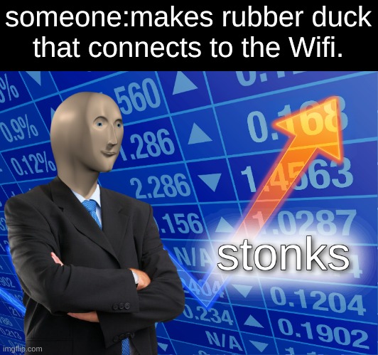 a genius | someone:makes rubber duck that connects to the Wifi. | image tagged in stonks | made w/ Imgflip meme maker