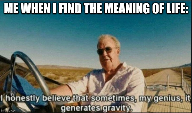 i honestly believe that sometimes, my genius, it generates gravi | ME WHEN I FIND THE MEANING OF LIFE: | image tagged in i honestly believe that sometimes my genius it generates gravi | made w/ Imgflip meme maker