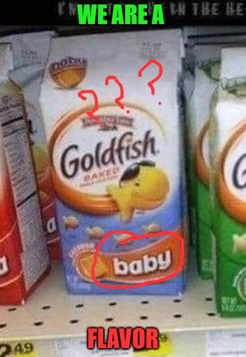 Baby Flavored Goldfish? | WE ARE A; FLAVOR | image tagged in baby flavored goldfish | made w/ Imgflip meme maker