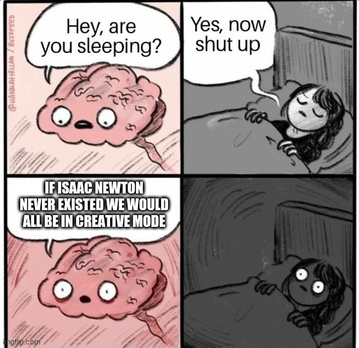 Hey are you sleeping | IF ISAAC NEWTON NEVER EXISTED WE WOULD ALL BE IN CREATIVE MODE | image tagged in hey are you sleeping | made w/ Imgflip meme maker