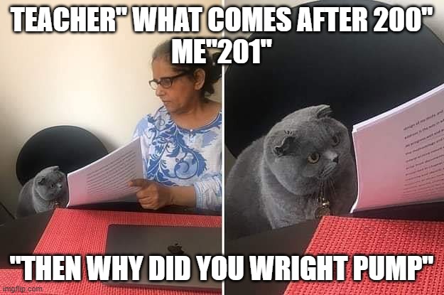 i told you i'm stuck in fortnite | TEACHER" WHAT COMES AFTER 200"
ME"201"; "THEN WHY DID YOU WRIGHT PUMP" | image tagged in woman showing paper to cat | made w/ Imgflip meme maker