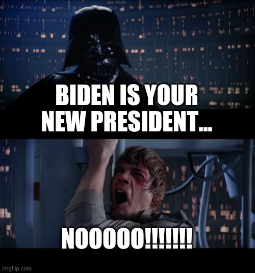 Star Wars No Meme | BIDEN IS YOUR NEW PRESIDENT... NOOOOO!!!!!!! | image tagged in memes,star wars no | made w/ Imgflip meme maker