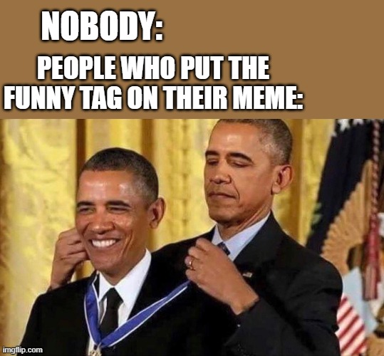 FUNNY (extra joke in the tags) | NOBODY:; PEOPLE WHO PUT THE FUNNY TAG ON THEIR MEME: | image tagged in obama medal,funny,ironic,funne | made w/ Imgflip meme maker