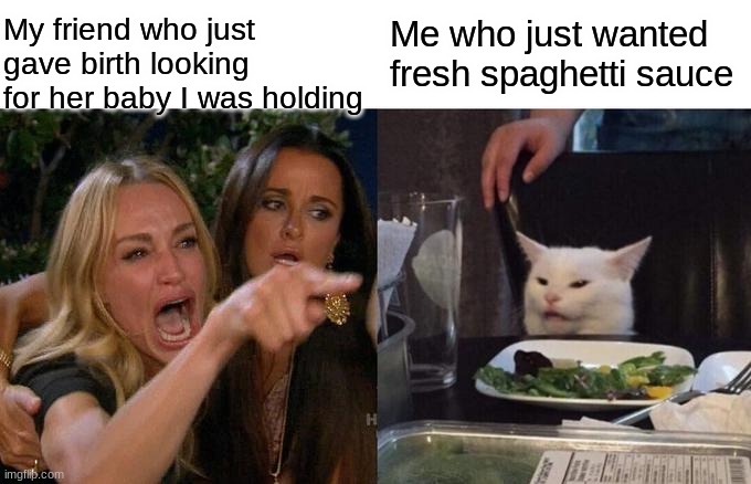 sketti | My friend who just gave birth looking for her baby I was holding; Me who just wanted fresh spaghetti sauce | image tagged in memes,woman yelling at cat | made w/ Imgflip meme maker