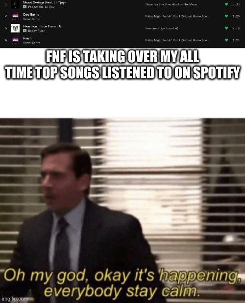 oof |  FNF IS TAKING OVER MY ALL TIME TOP SONGS LISTENED TO ON SPOTIFY | image tagged in oh my god okay it's happening everybody stay calm | made w/ Imgflip meme maker